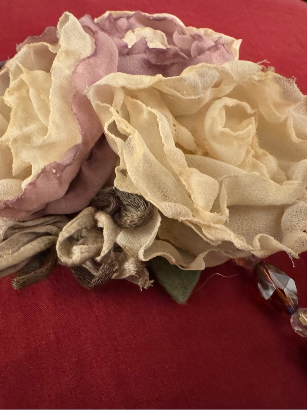 Handmade Floral Necklace with Cream and Light Pink Fabric Roses - Picture 3 of 3